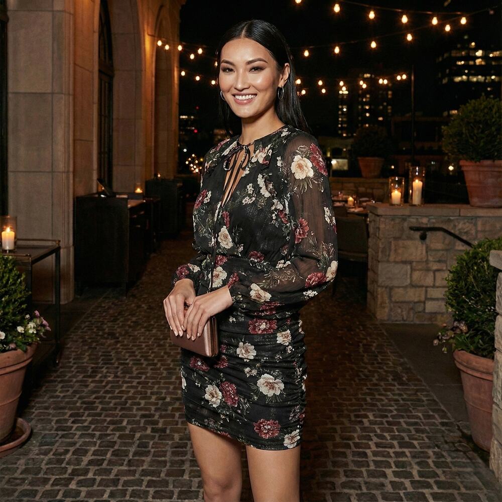 New NICHOLAS Black  Floral Cascade Ruched Mini Dress Size 2